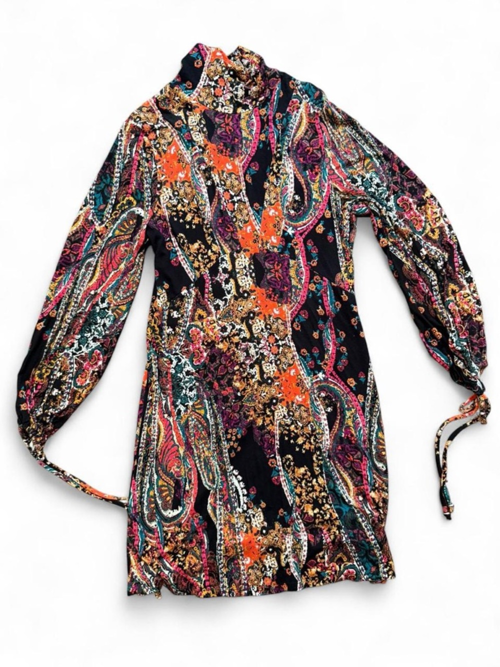 Free People Festival Boho Paisley Long Sleeve Tie Mini Dress Black Multicolor M